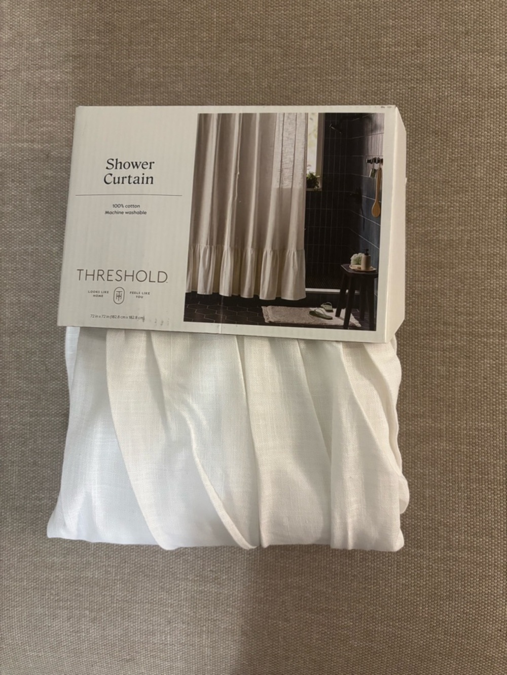 NEW-Threshold White Cotton Shower Curtain with Ruffled Hem